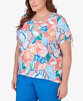 Alfred Dunner Plus Neptune Beach Whimsical Floral Top with Side Ties