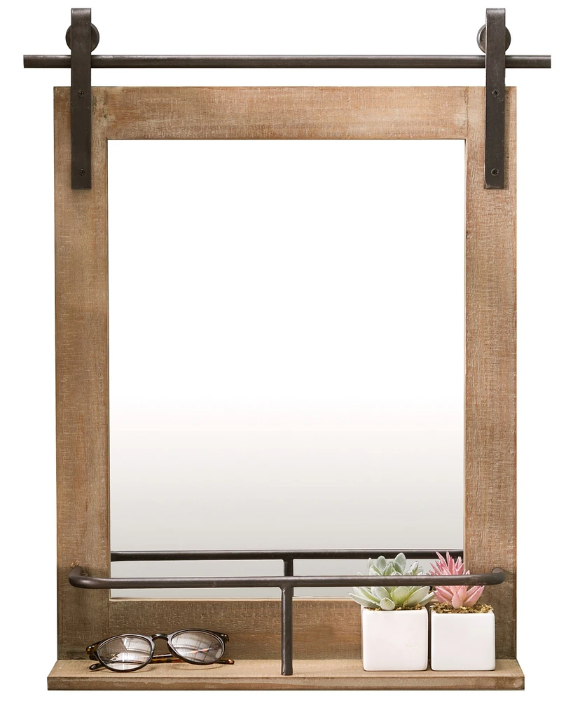 Danya B Rustic Industrial Wood-Framed Wall Mount Barn Door Vanity Mirror with Shelf and Iron Hardware
