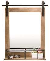Danya B Rustic Industrial Wood-Framed Wall Mount Barn Door Vanity Mirror with Shelf and Iron Hardware