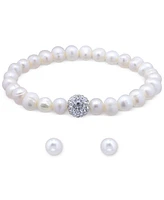 2-Pc. Set Multicolor Cultured Freshwater Pearl (7mm) & Crystal Bracelet Complementing White Stud Earrings Sterlin