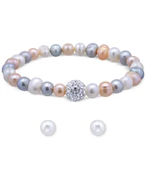 2-Pc. Set Multicolor Cultured Freshwater Pearl (7mm) & Crystal Bracelet Complementing White Stud Earrings Sterlin