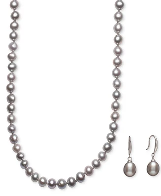 Cultured Freshwater Pearl Necklace (7-7 1/2mm) and Drop Earrings (7x9mm) Set Sterling Silver