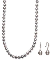 Cultured Freshwater Pearl Necklace (7-7 1/2mm) and Drop Earrings (7x9mm) Set Sterling Silver