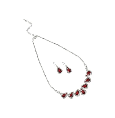Sohi Women's Red Embellished Teardrop Necklace And Earrings (Set Of 2)