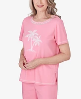 Alfred Dunner Petite Miami Beach Embroidered Palm Tree Short Sleeve Top