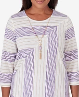 Alfred Dunner Petite Garden Party Spliced Stripe Texture Necklace Top