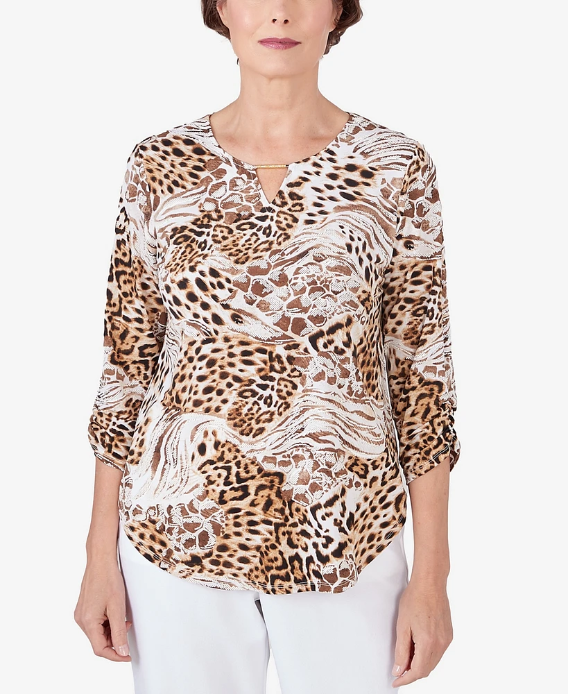 Alfred Dunner Petite Classic Puff Print Mixed Animal Print Split Neck Top