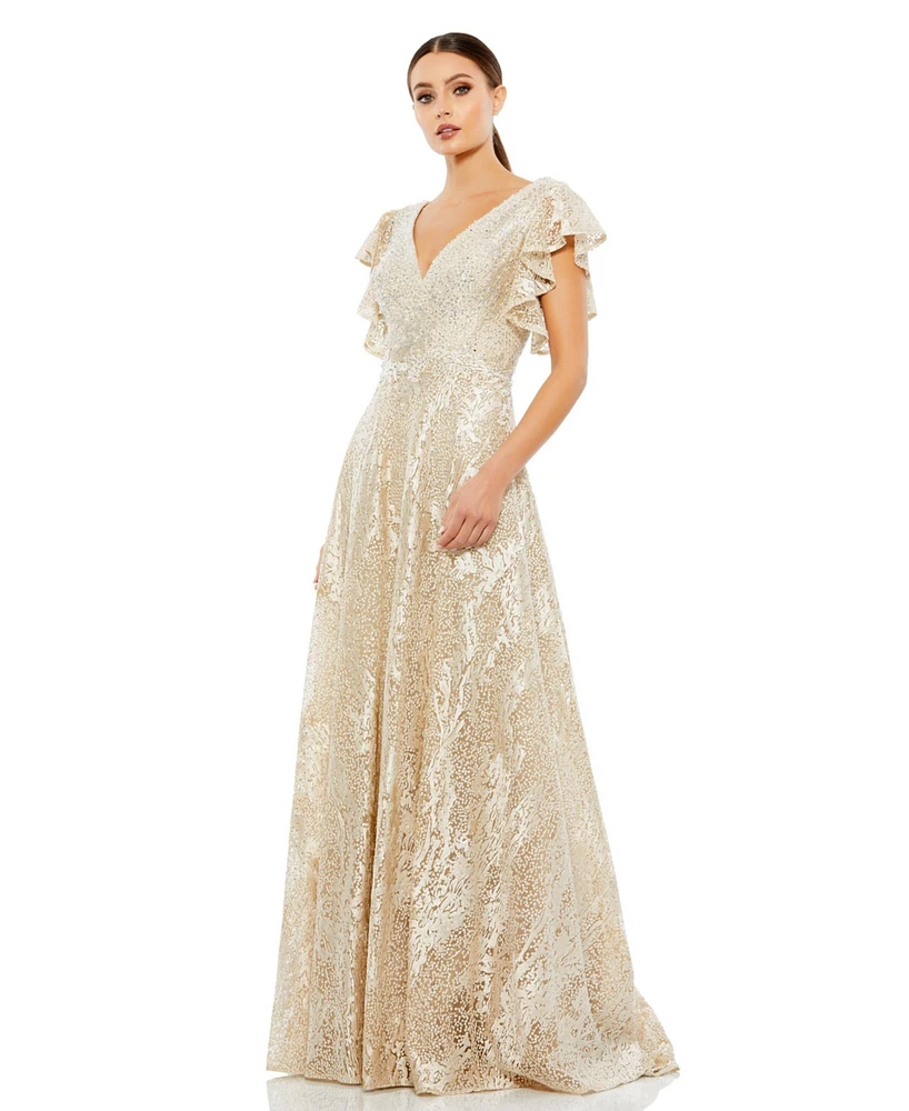 Women's Embroidered Flutter Sleeve V-Neck Gown