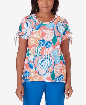 Alfred Dunner Women's Neptune Beach Whimsical Floral Top with Side Ties