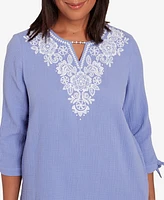 Alfred Dunner Women's Summer Breeze Embroidered Top with Tie Sleeves