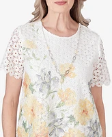 Alfred Dunner Petite Charleston Short Sleeve Floral Lace Necklace Top