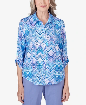 Alfred Dunner Petite Summer Breeze Zig Zag Printed Button Down Top