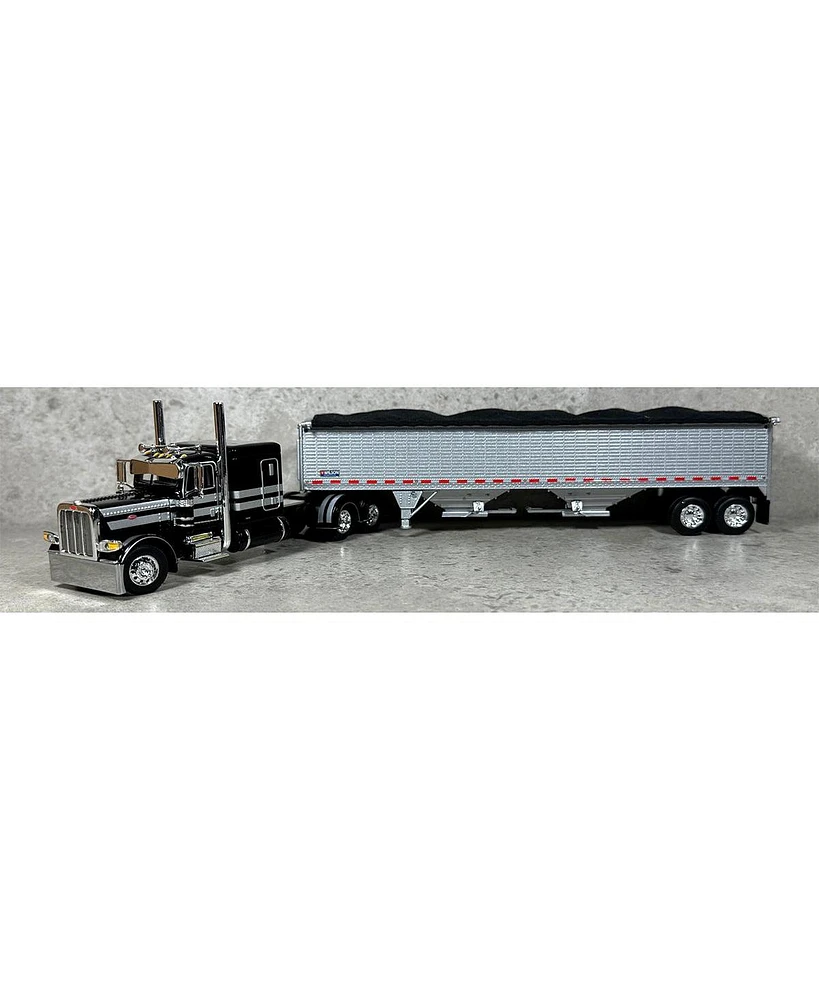 1/64 Black Silver Peterbilt 389 63in Flattop w/ Wilson Grain Trailer Dcp