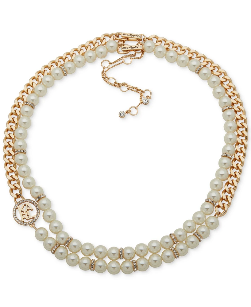 Karl Lagerfeld Paris Gold-Tone Imitation Pearl Omega Double Row Necklace, 16" + 3" extender