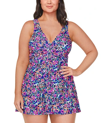 Island Escape Plus Size Printed Twist-Front Swimdress, Created for Macy's