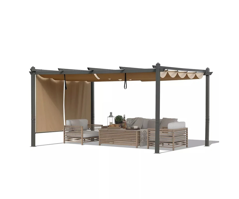 Aoodor 13.8ftx11.9ftx7.7ft Outdoor Pergola Aluminum Patio with Adjustable Sun Shade Cover and Retractable Canopy