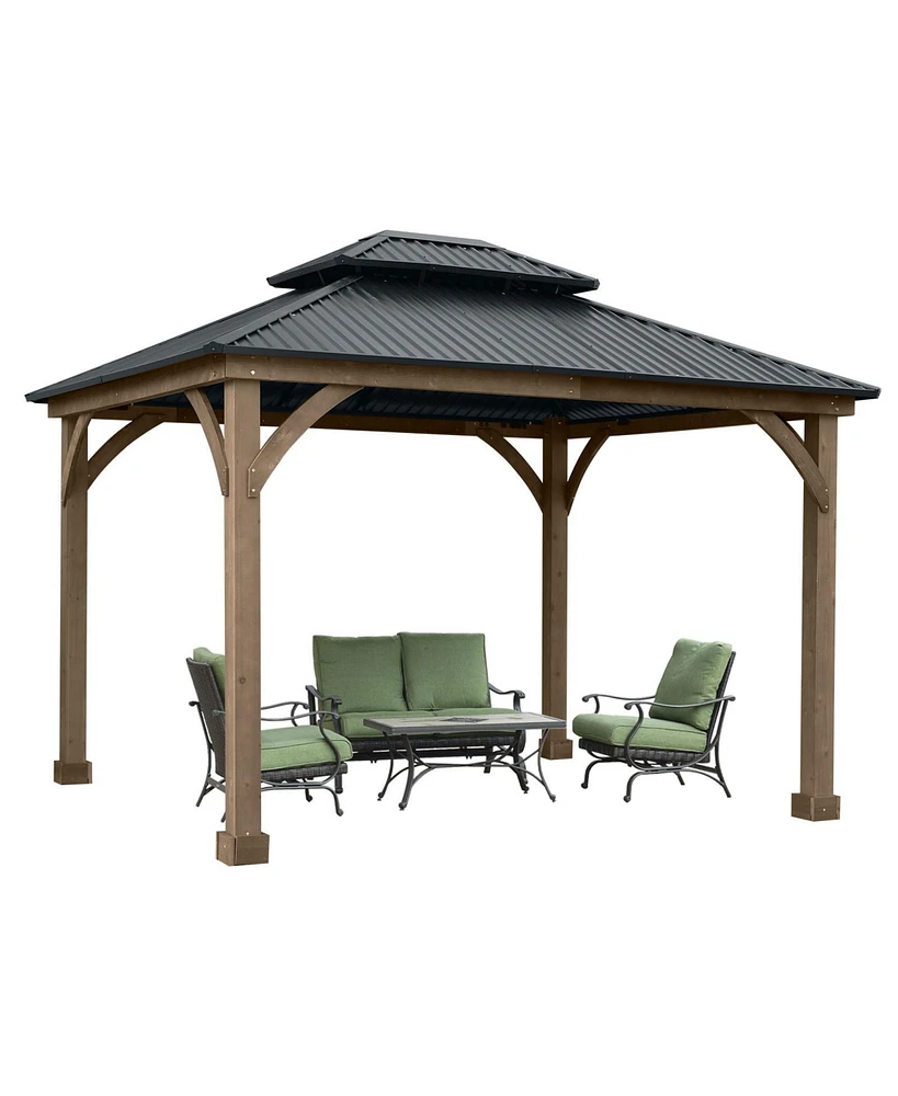 Aoodor Patio Solid Wooden Gazebo 11.1 x 9.5 ft. Hardtop Roof 2 Tier for Garden Grey.