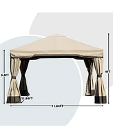 Aoodor Patio Gazebo Aluminum Outdoor Tent Shelter Canopy with Privacy Curtain and Netting-Brown