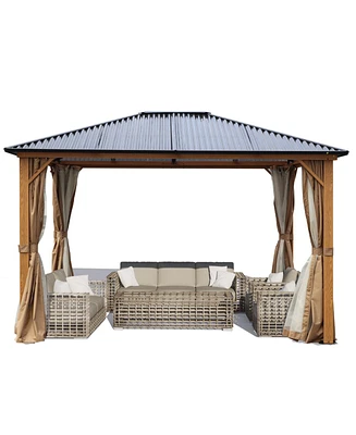 Aoodor 12ftx9.7ftx8.3ft. Wooden Finish Coated Aluminum Frame Gazebo with Polycarbonate Roof, Outdoor Gazebos with Curtains and Nettings, for Patio Bac