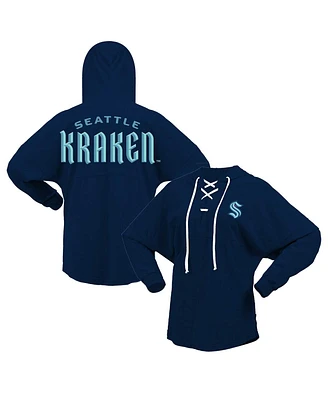 Women's Fanatics Deep Sea Blue Seattle Kraken Jersey Lace-Up V-Neck Long Sleeve Hoodie T-shirt