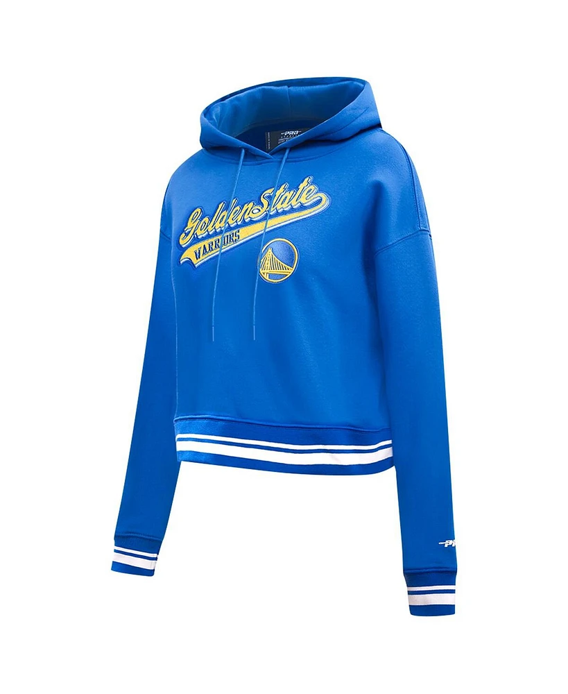 Women's Pro Standard Royal Golden State Warriors Script Tail Cropped Pullover Hoodie