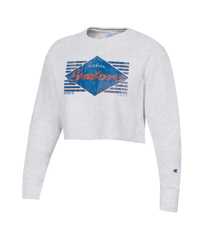 Women's Champion Heather Gray Distressed Florida Gators Reverse Weave Cropped Pullover Sweatshirt