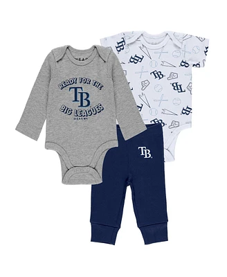 Baby Boys and Girls Wear by Erin Andrews Gray, White, Navy Tampa Bay Rays Three-Piece Turn Me Around Bodysuits and Pants Set