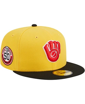 Men's New Era Yellow, Black Milwaukee Brewers Grilled 59FIFTY Fitted Hat