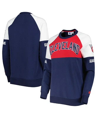 Women's Starter Navy, Red Cleveland Guardians Baseline Raglan Pullover Sweatshirt