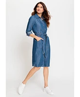 Olsen Women's Denim Shirt Dress with Belt & Roll Tab Sleeve Detail