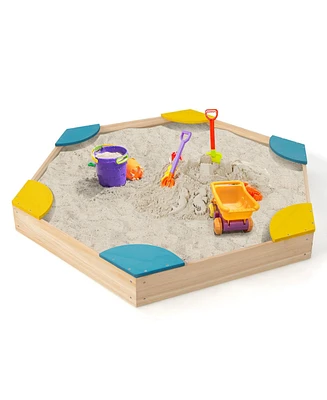 Sugift Outdoor Solid Wood Sandbox with 6 Built-in Fan-shaped Seats