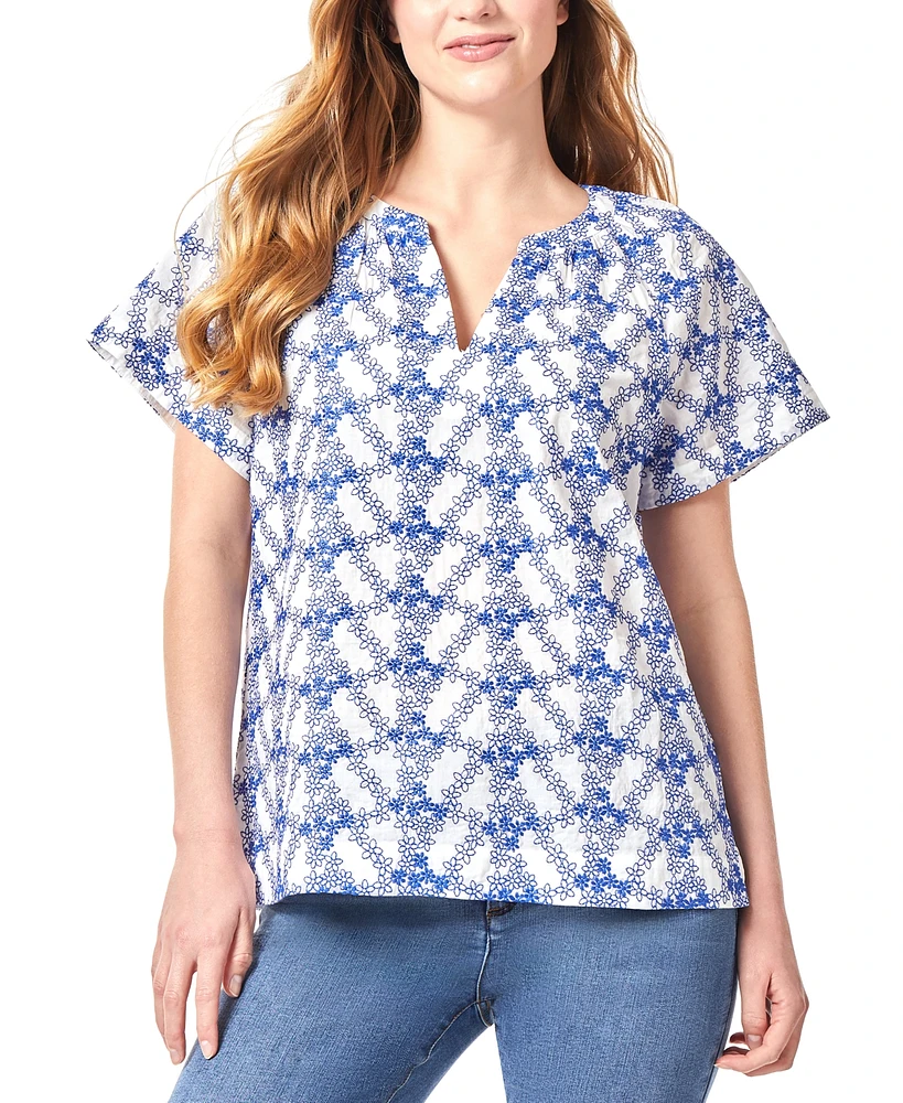 Jones New York Women's Floral-Print Shirred-Neck Popover Blouse