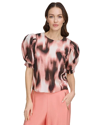 Dkny Women's Voile Printed Puff-Shoulder Woven Crewneck Top