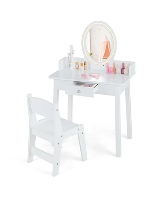 Costway Kids Vanity Set with Lighted Mirror Chair 2-Color Led Lighting for Girls Makeup