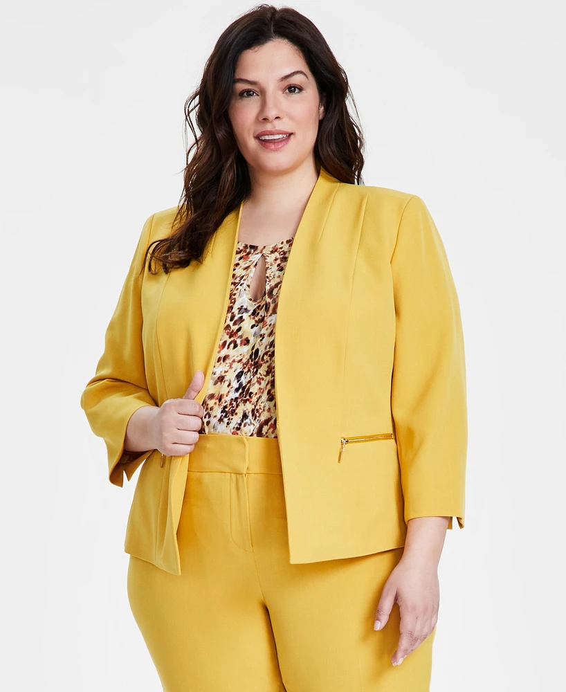 Kasper Plus Collarless Open-Front Long-Sleeve Blazer