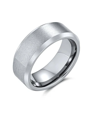 Wide Polished Beveled Edge Brushed Matte Couples Silver-Tone Titanium Wedding Band Ring For Men Comfort Fit 8MM