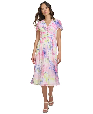 Dkny Women's Floral Crinkle Chiffon Midi Dress