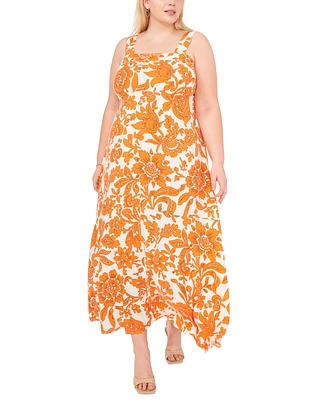 Vince Camuto Plus Printed Square-Neck Smocked-Back Maxi Dress
