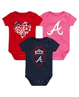 Baby Boys and Girls Fanatics Navy, Red, Pink Atlanta Braves Three-Pack Home Run Bodysuit Set