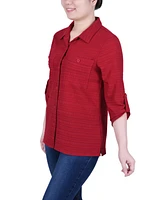 Ny Collection Women's Long Roll Tab Sleeve Jacquard Blouse