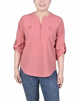 Ny Collection Women's 3/4 Tabbed Sleeve Y Neck Blouse