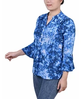 Women's 3/4 Bell Sleeve Pleat Front Y-neck Top