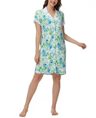 C. Wonder Women's Printed Notch Collar Short Sleeve with Ruffle Sleepshirt Nightgown