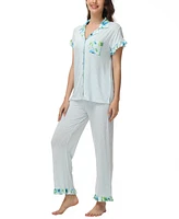 C. Wonder Women's Printed Notch Collar Short Sleeve with Ruffle and Pants 2 Pc. Pajama Set