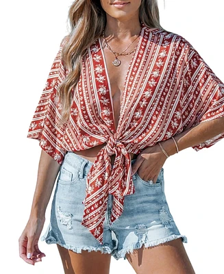 Cupshe Women's Red Open Front Tie-Waist Boho Cover-Up Top