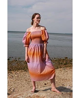 Jessie Zhao New York Sunset Purple Orange Smocked Midi Dress
