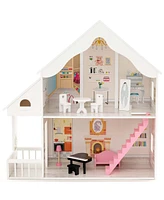 Costway Kids Wooden Dollhouse Semi-Opened Diy Playset with Simulated Rooms & Furniture