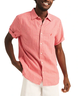 Nautica Men's Geo Pattern Short Sleeve Linen-Blend Shirt