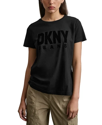Dkny Jeans Women's Flocked-Logo Short-Sleeve Crewneck T-Shirt