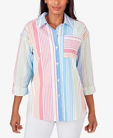 Ruby Rd. Petite Striped Cotton Poplin Button Front Top